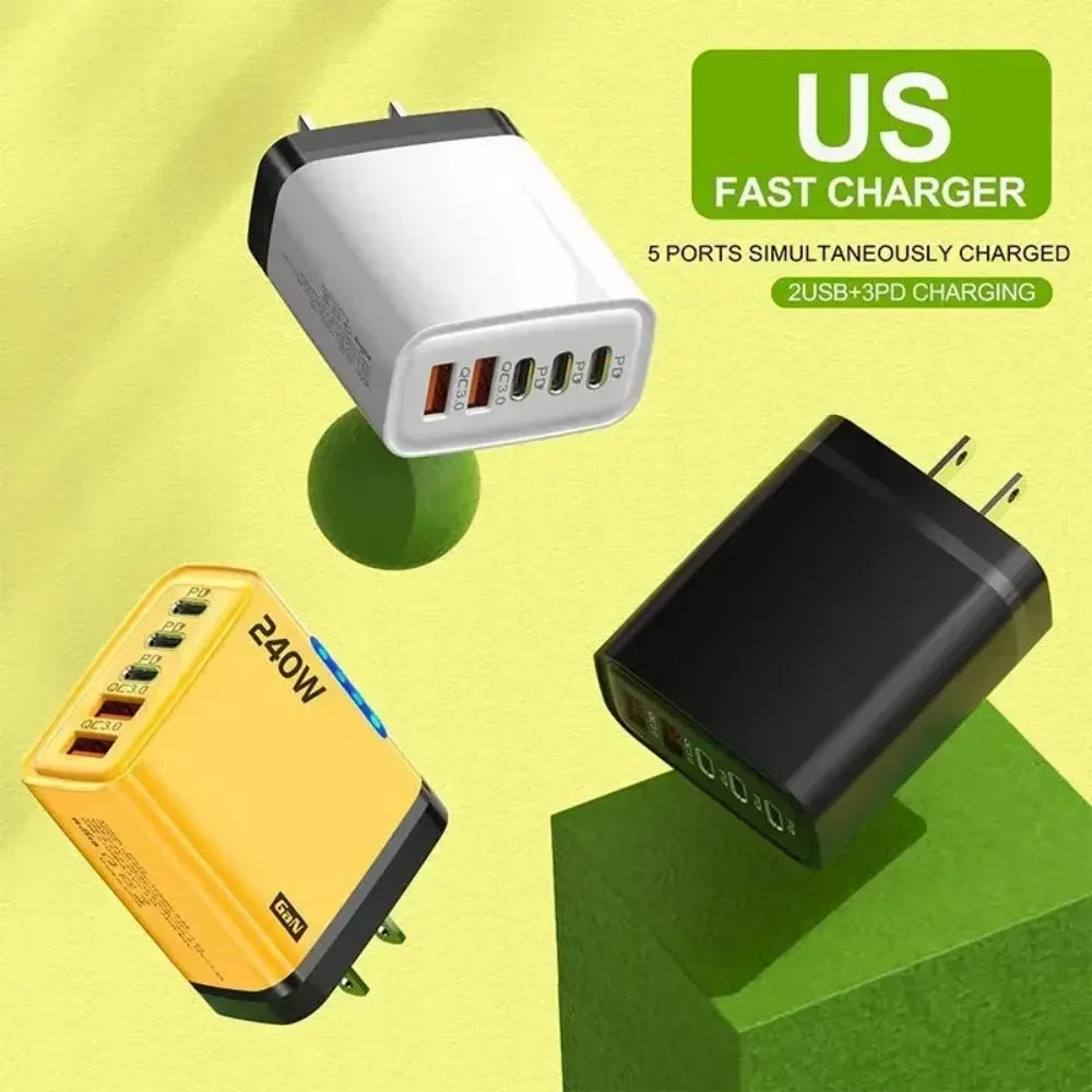 Type C USB 240W Fast Charging Charger GaN USB C Phone Charger Wall Adapter Quick Charge 3.0 With PD Cable For iPhone 17 Samsung