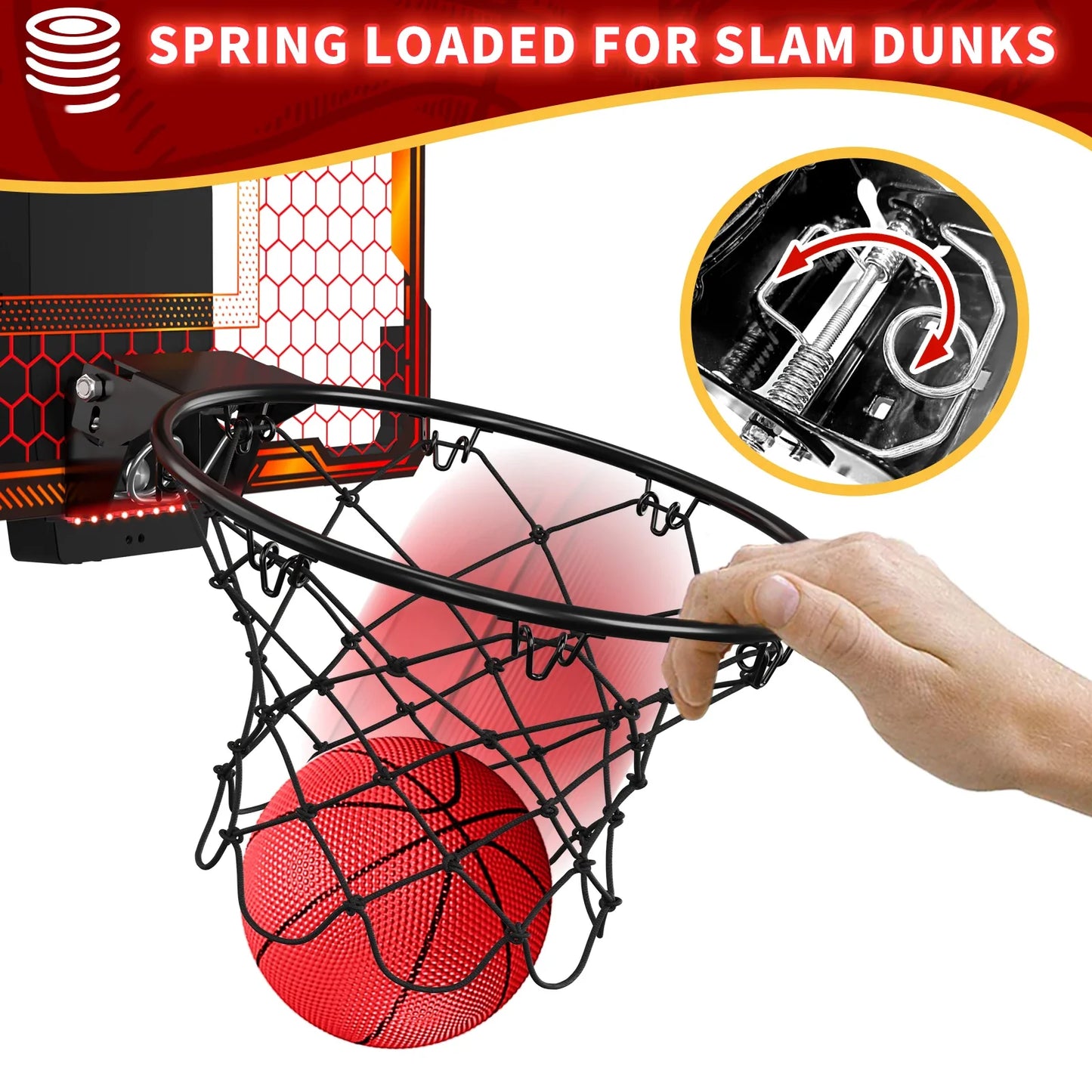 Mini Indoor Basketball Hoop with 7 LED Lights Scoreboard 3 Play Modes Adjustable Volume over Door Foldable for Kids Adults