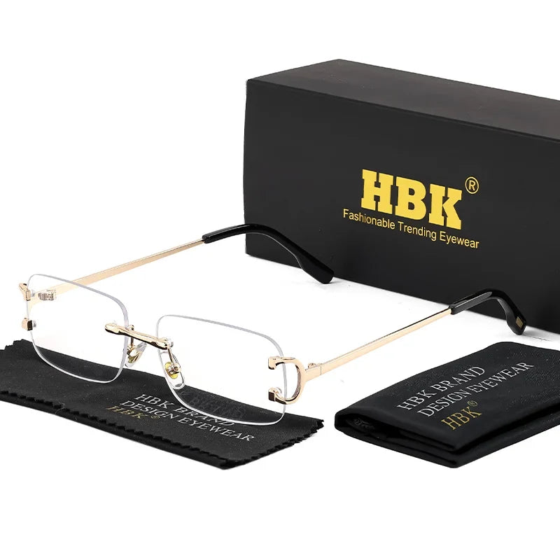 HBK Retro Rimless Small Sunglasses Women Metal Rectangle Gold Frame Brand Design Men Eyewear Driving Travel Beach Eyewear UV400