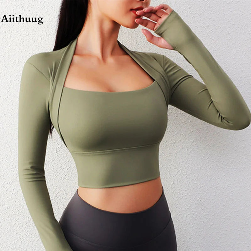 Camisetas de yoga acolchadas de manga larga, tops cortos, camisetas de gimnasio escotadas