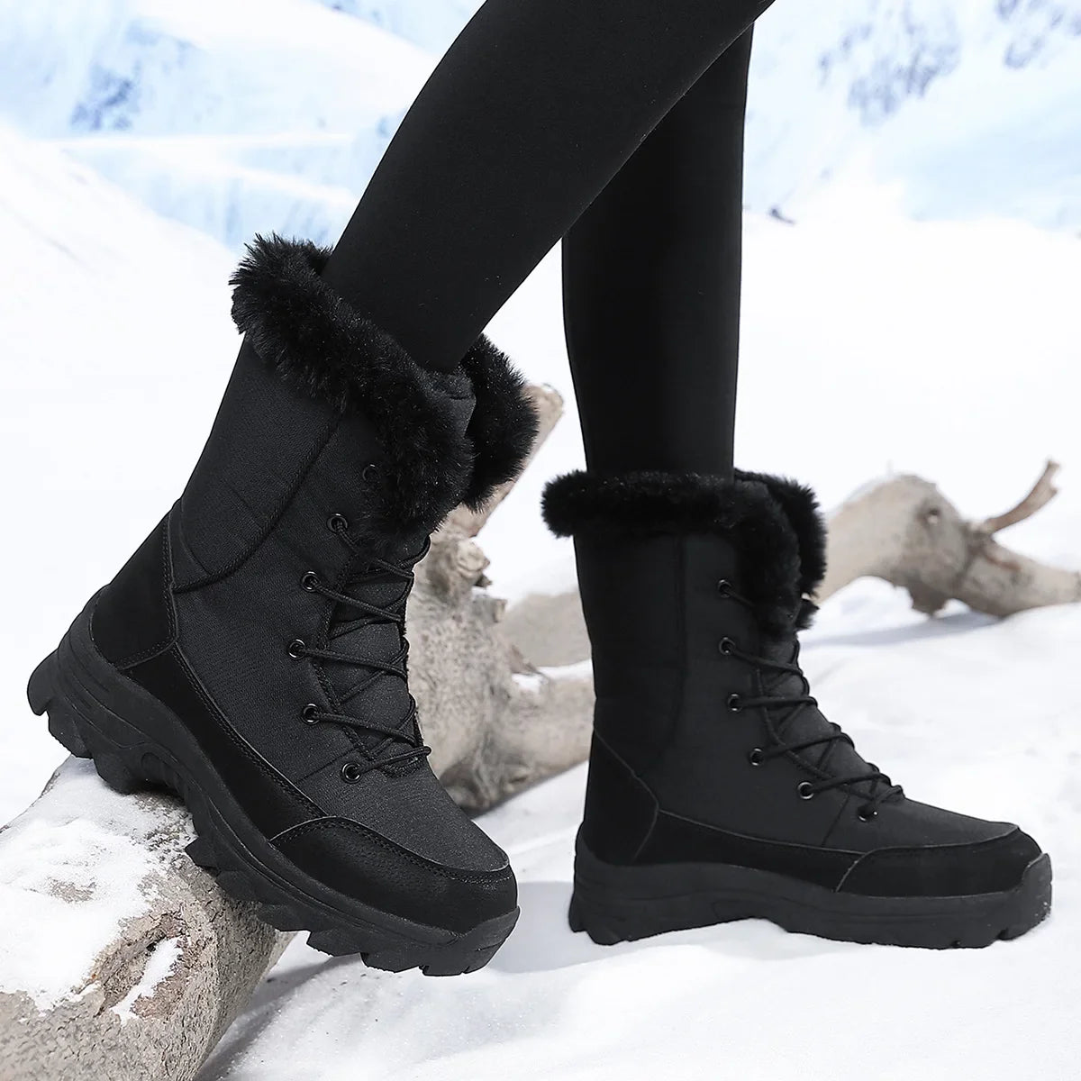 Winter Snow Boots  Women Waterproof Non-Slip Warm Northeast-Style Large Cotton Shoes, Ski , Fleece-Lined,  High-Top Cotton Boots
