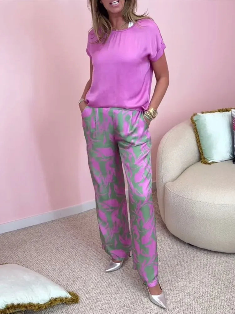 Casual O Neck Short Sleeved T Shirt Shirt Printed Trousers 2 Piece Spring Summer Elegant Women's Fashion Pocket Pants Office Set
