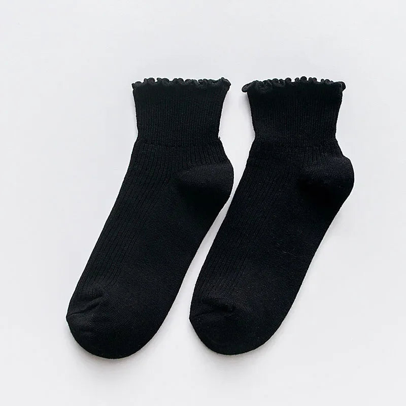 Ruffle Socks Women White Black Frilly Lolita Style Japanese Maiden Cute Kawaii Cotton Harajuku Princess Crew Socks Calcetines