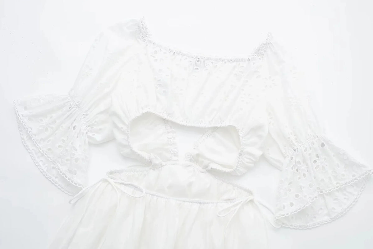 Foridol Lace Summer White Dress Women Puff Sleeve Embriodery Waist Cut Out Beach Short Sexy Cotton Dress Backless 2025 Sundress