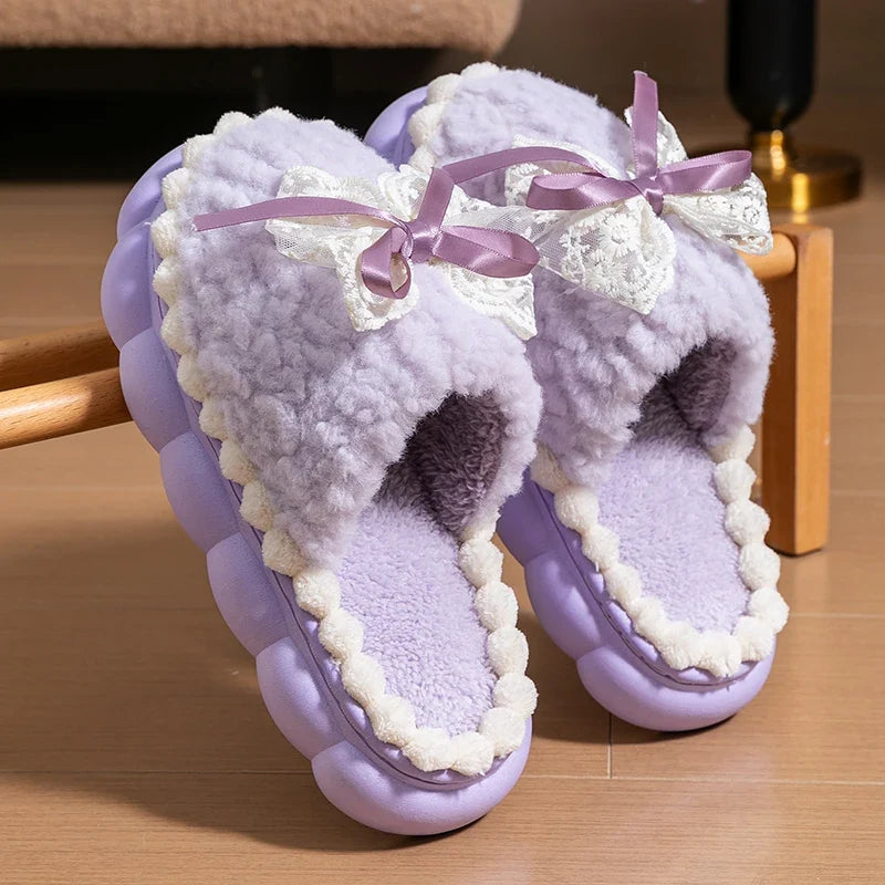Winter Warm Fur Slippers For Women Thick-Soled Household Slippers Cute Bow Non Slip Soft Home Shoes Indoor Plush Women's Slipper