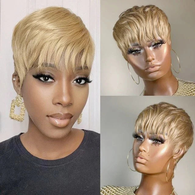 WIGERA Pelucas sintéticas destacadas Corto Liso Pixie Cut Peluca Bob Pelo Dorado Miel Mezcla Negro Cabello para Mujer