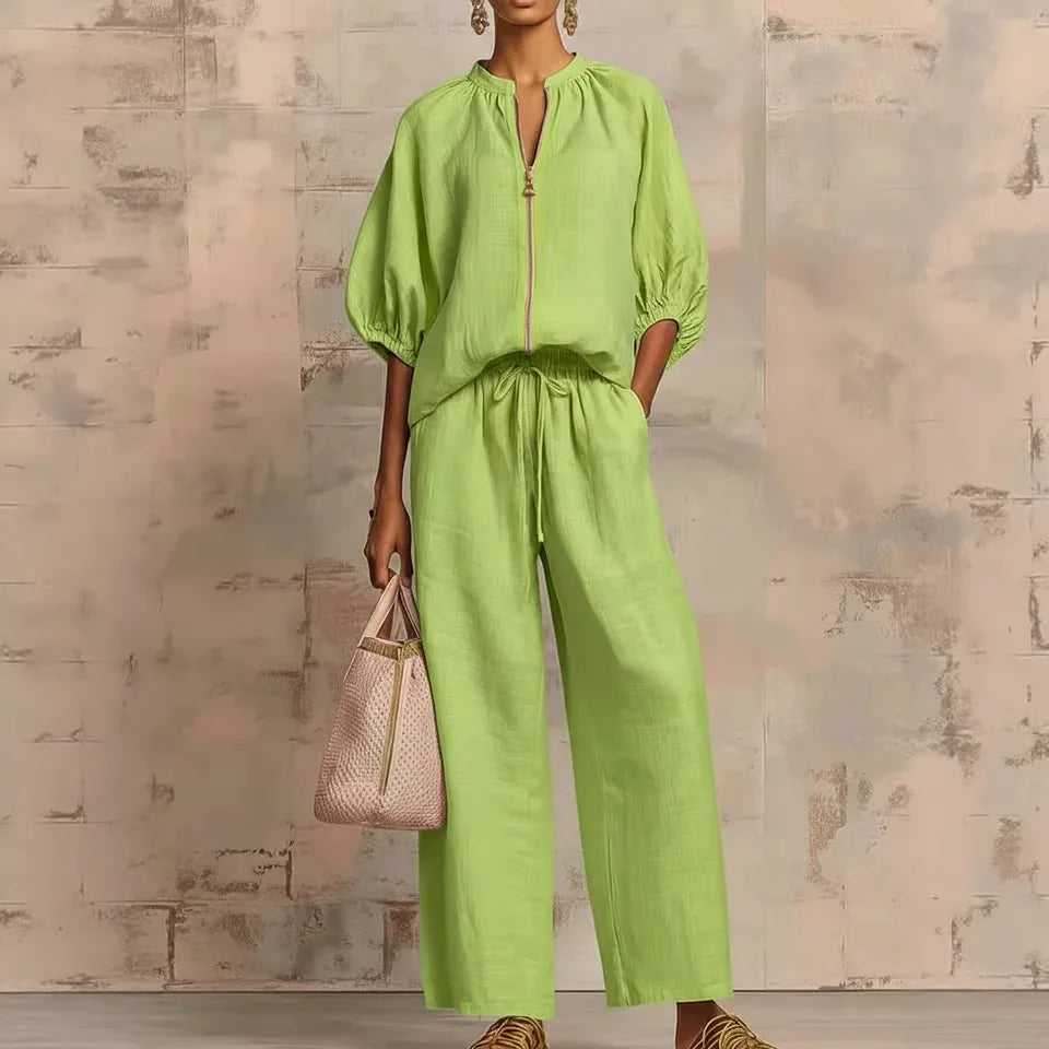 Women's Casual Solid Color Cozy Pant Set Chic Laple Zipper Short Sleeve Shirt Elasticity Waist Pant Suit Women New Two Piece Set