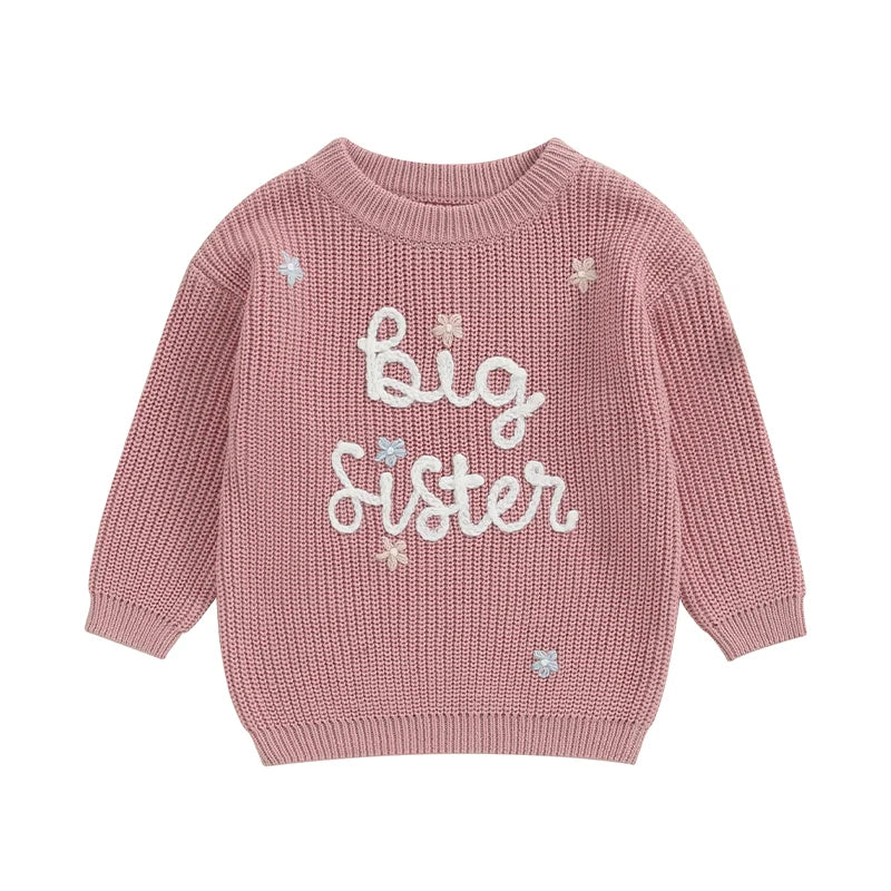 Toddler Kids Girl Big Sister Sweater Cute Long Sleeve Letter Embroidery Knit Pullover Loose Top