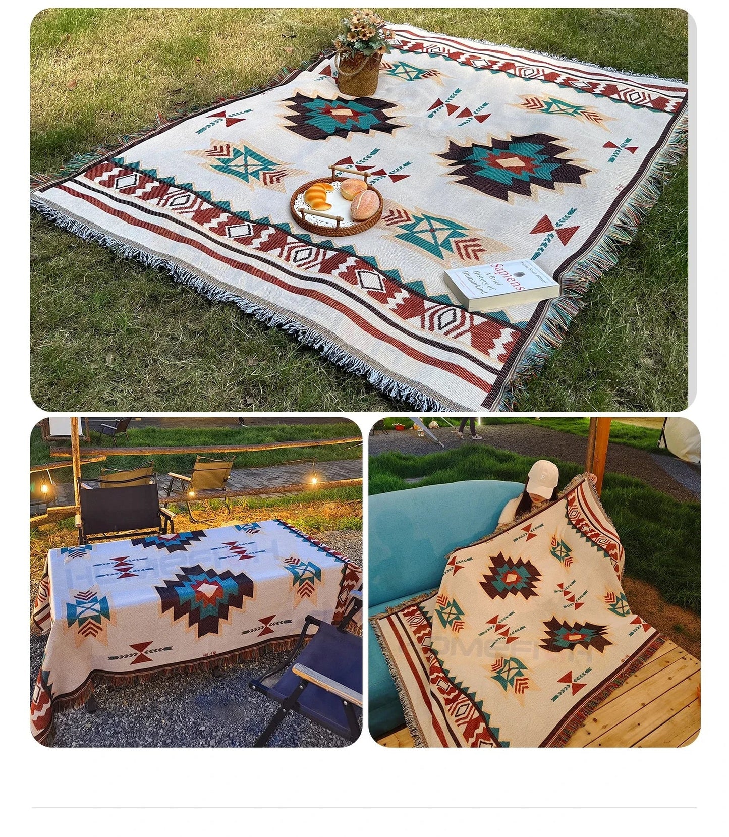 Aztec Blanket Oversized Boho Throw Blanket with Fringe Southwestern Geometric Tapestry Vintage Woven Throw Blankets Double-S
