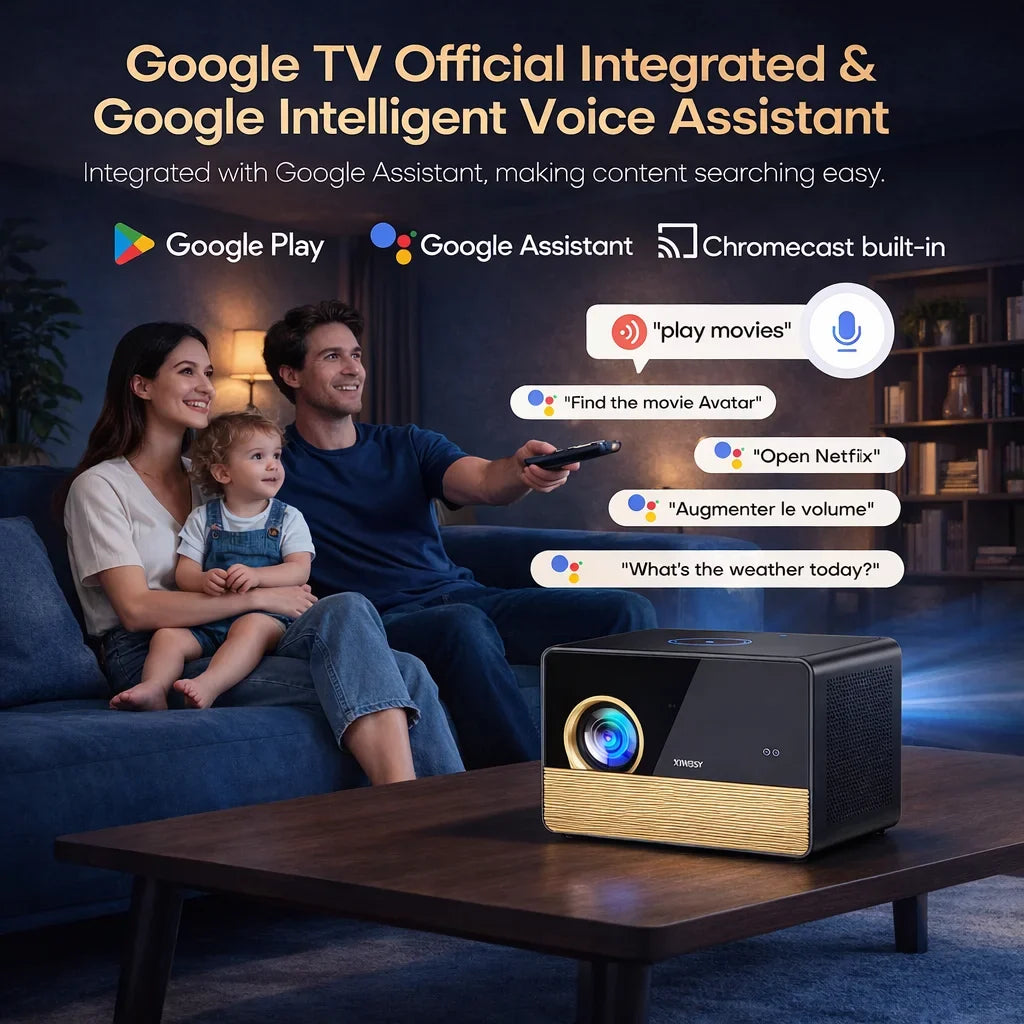 XIWBSY X06 Google TV Projector with TV Stick 3600 ANSI Native 1080P 4K Supported TOF Auto Focus WiFi6 BT5.4 Home Theater