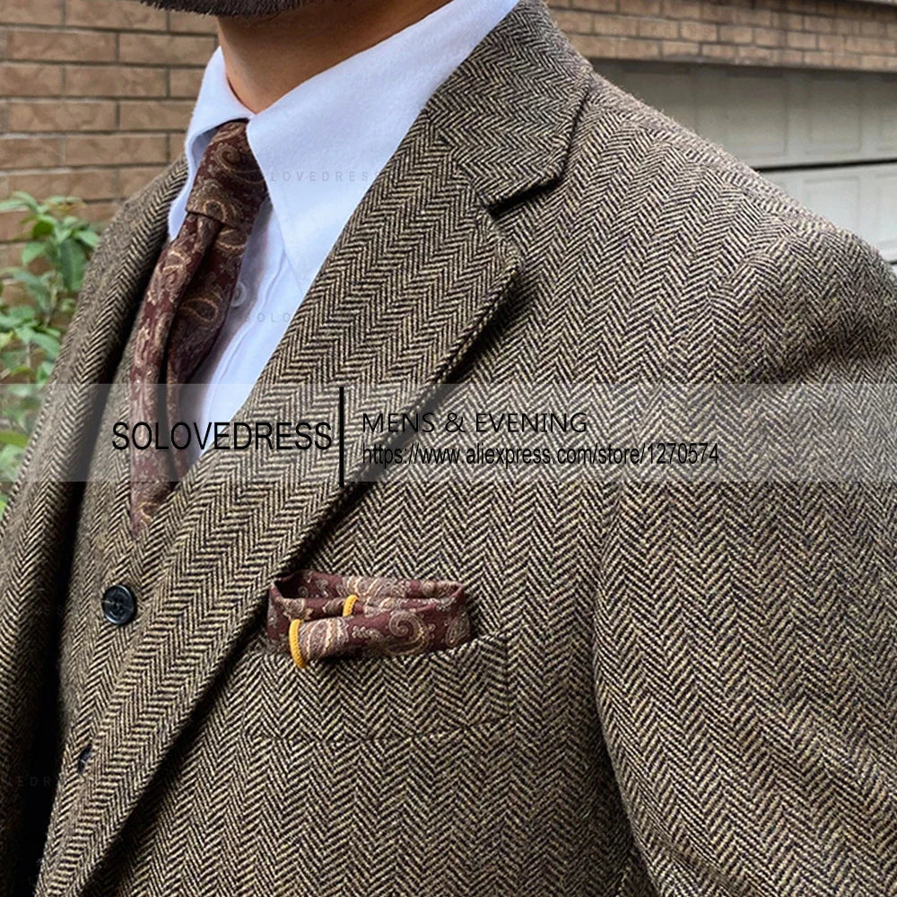 3 Pieces Men's Suits Tweed Herringbone Slim Fit Business Cauasl