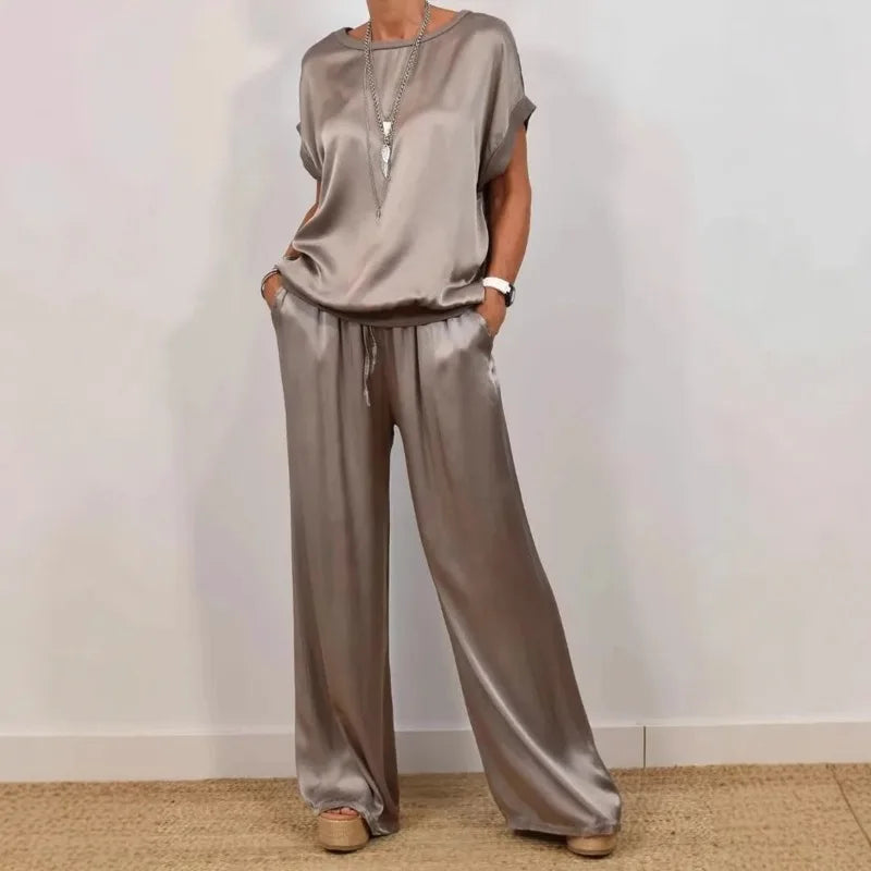 Women's Satin Pants 2 Piece Set Summer Breathe Loose Short Sleeve Top Wide Leg Pants Casual Outfit Office Lady Elagant Set
