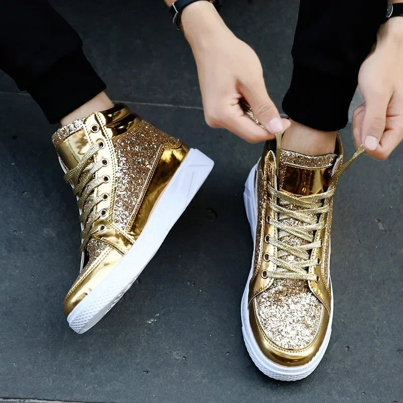 men's Gold Sequins Platform boots Autumn Fashion Casual Sports Shoes Thick Bottom Vulcanized Shoes man Flats Heels Shoes