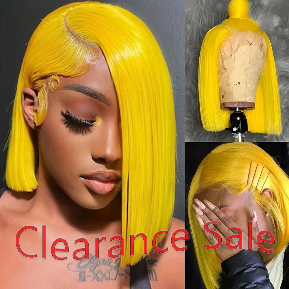 Peluca Lisa Bob Amarilla 13x4 Peluca Frontal de Encaje Cabello Humano para Mujeres Transparente Peluca Bob Corta Corte Pixie Brasileño 220% Densidad