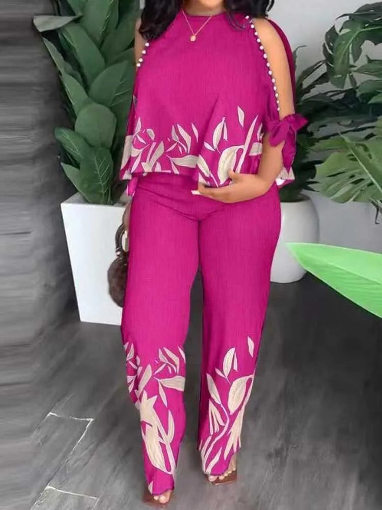 Female Clothing Summer Women Outfit Pearl Off The Shoulder Blouse and Trouser Elegant 2-piece Sets Plus Size Pant Sets
