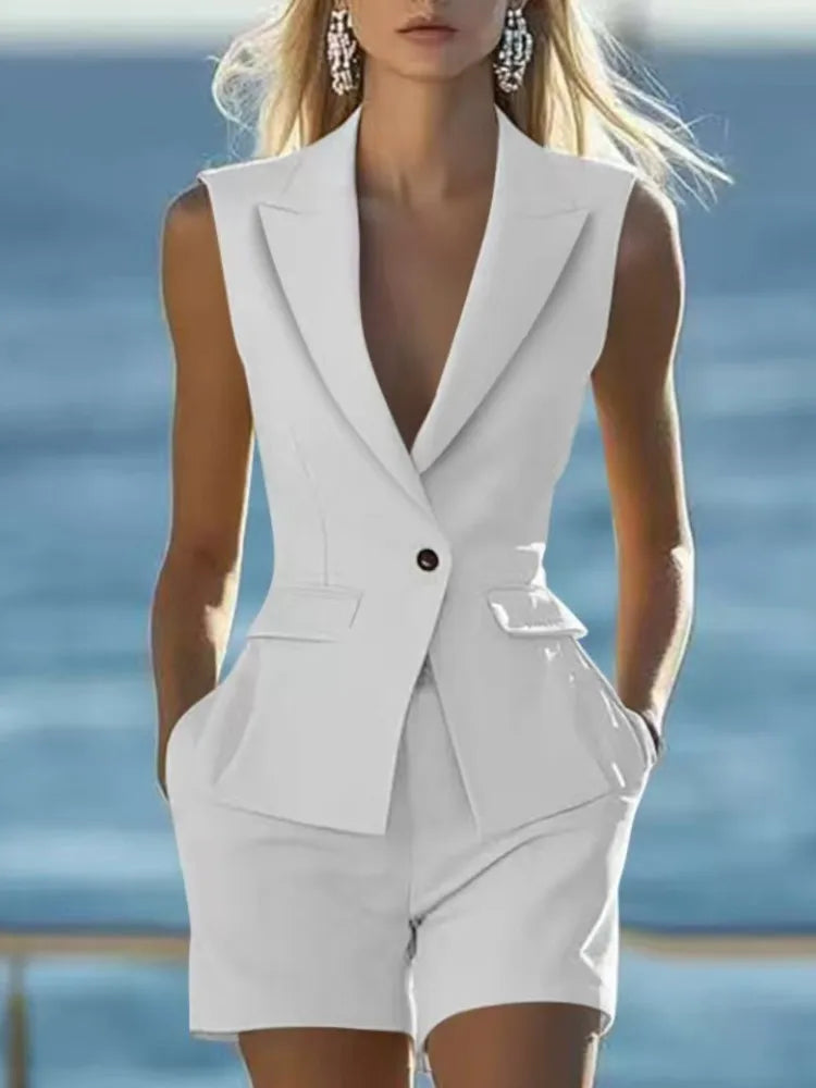 Elegant Women Solid Sleeveless Suit Vest Two Piece Sets Summer Casual Lapel Button Top And Shorts Party Lady Slim Suit Outfits