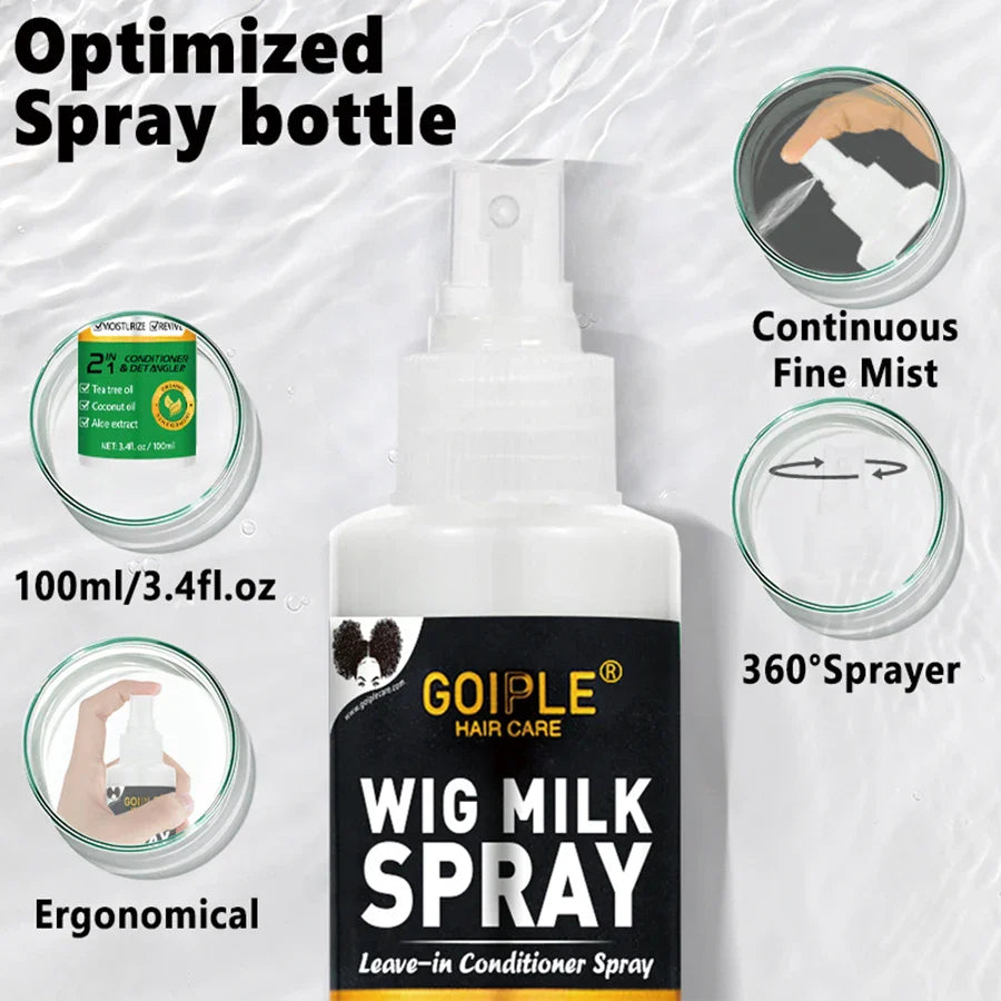 Spray de leche para pelucas de 100 ml, spray humectante para pelucas, cabello sintético, previene el encrespamiento, acondicionador sin enjuague para pelucas, suave y brillante