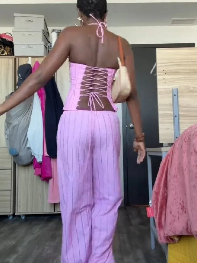 Fashion Striped Sling Pants Set Women Chic Patchwork Lace Up Halter Backless Blouse Suit Summer Holiday Daily Street Outfit 2026