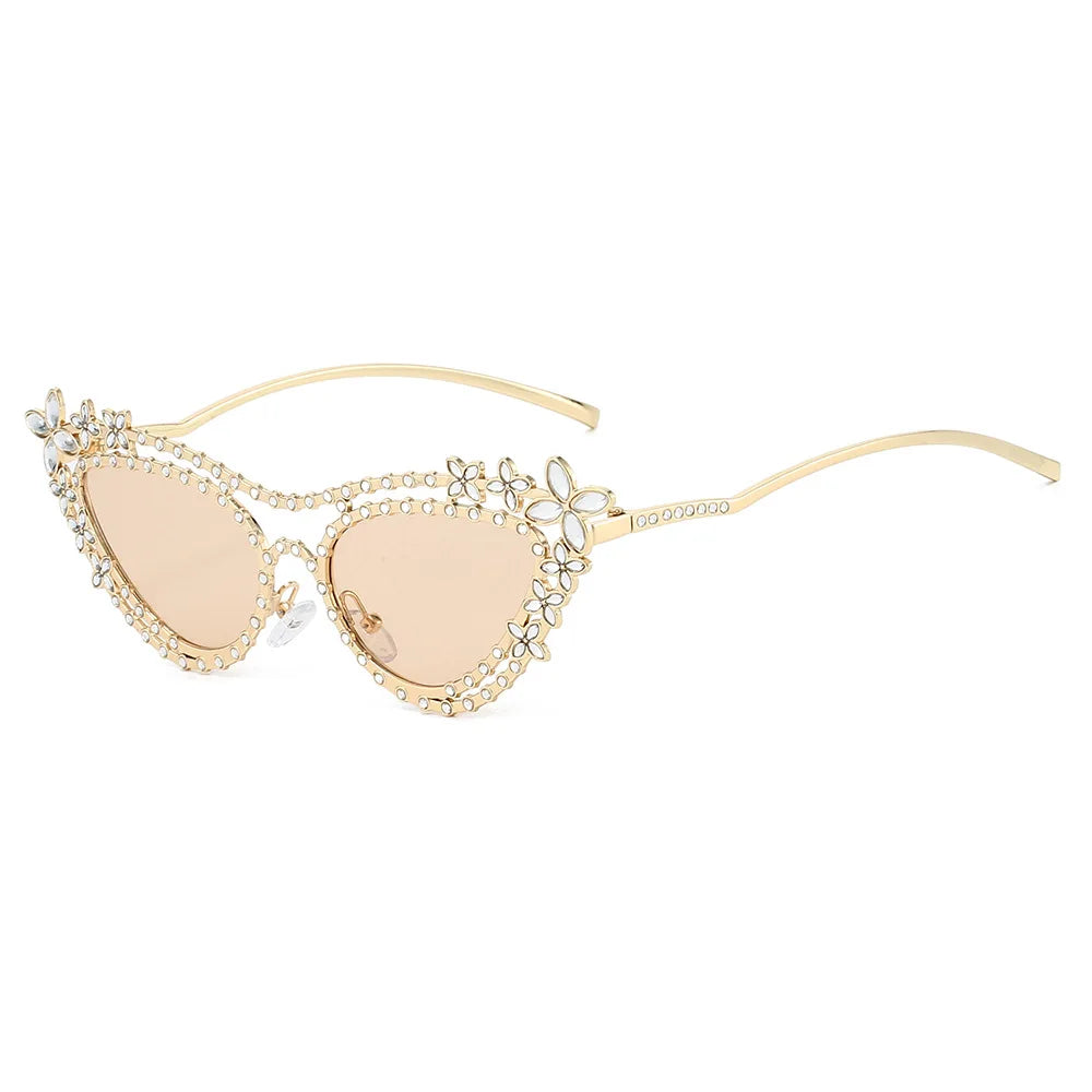 Ins New Luxury Double Beam Cat Eye Women Sunglasses Y2K Personality Flower Diamond Design Trend Men Casual Gafas De Sol UV400