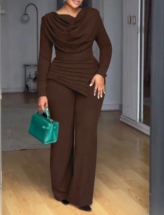 Fashion Solid Set For Women Casual Long Sleeve Pile Collar Slim Tops+High Waist Wide Leg Pants 2 Piece Sets Lady Office Clothes