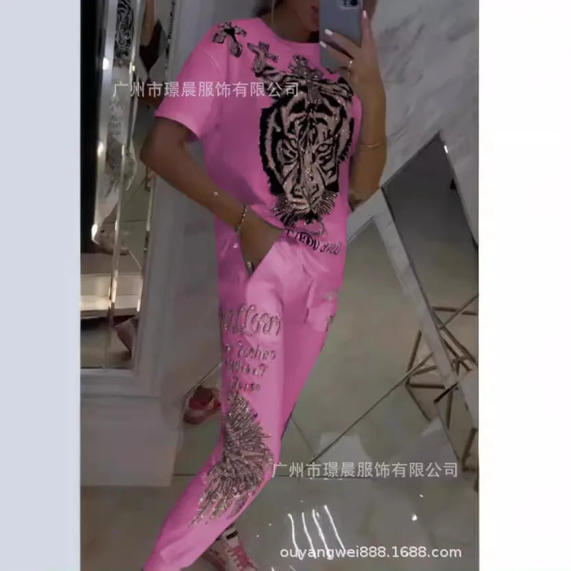 Spring Women Suit Print O-neck Short Sleeve Top Lace Up Long Pants Suits Female New Casual Elegant Trendy Ladies Clothes