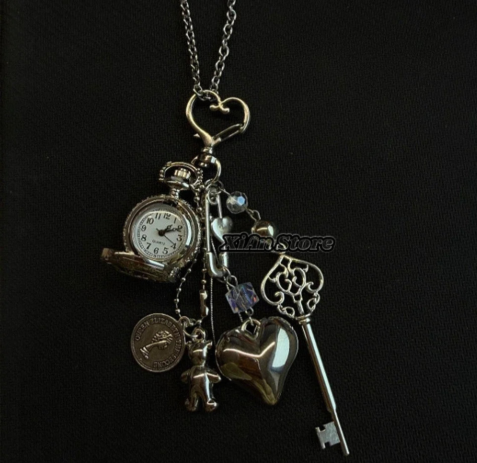 Original Hollow Heart Pocket Watch Chain Keychain Design Steampunk Clock Vintage Necklace Pendant Jewelry Watch Men Women Gift