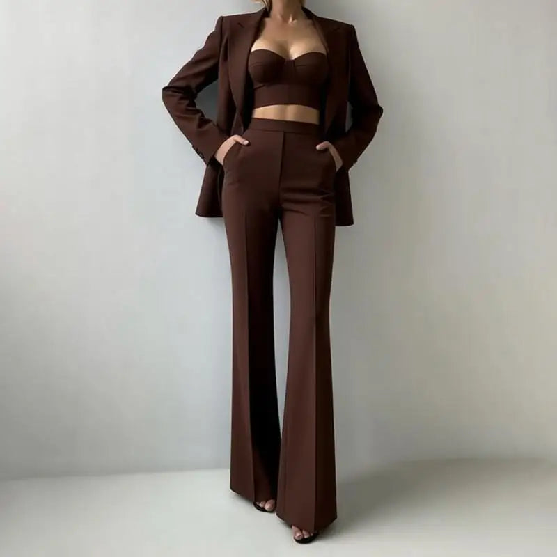Solid Suit Jacket Corset Pants 3 Piece Set Women Corset Lapel Coat Straight Pants Lady Set 2026 Summer Autumn Commute Outfit New