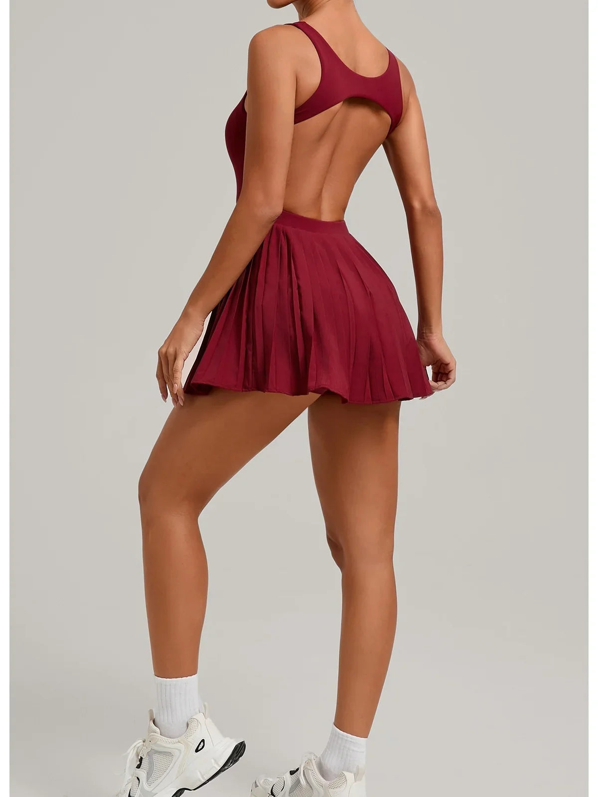 New Large Backless Tennis Dresses Women Solid Color Sleeveless Glare Pleated Yoga Skirt with Pocket Shorts Running Fitness Dress