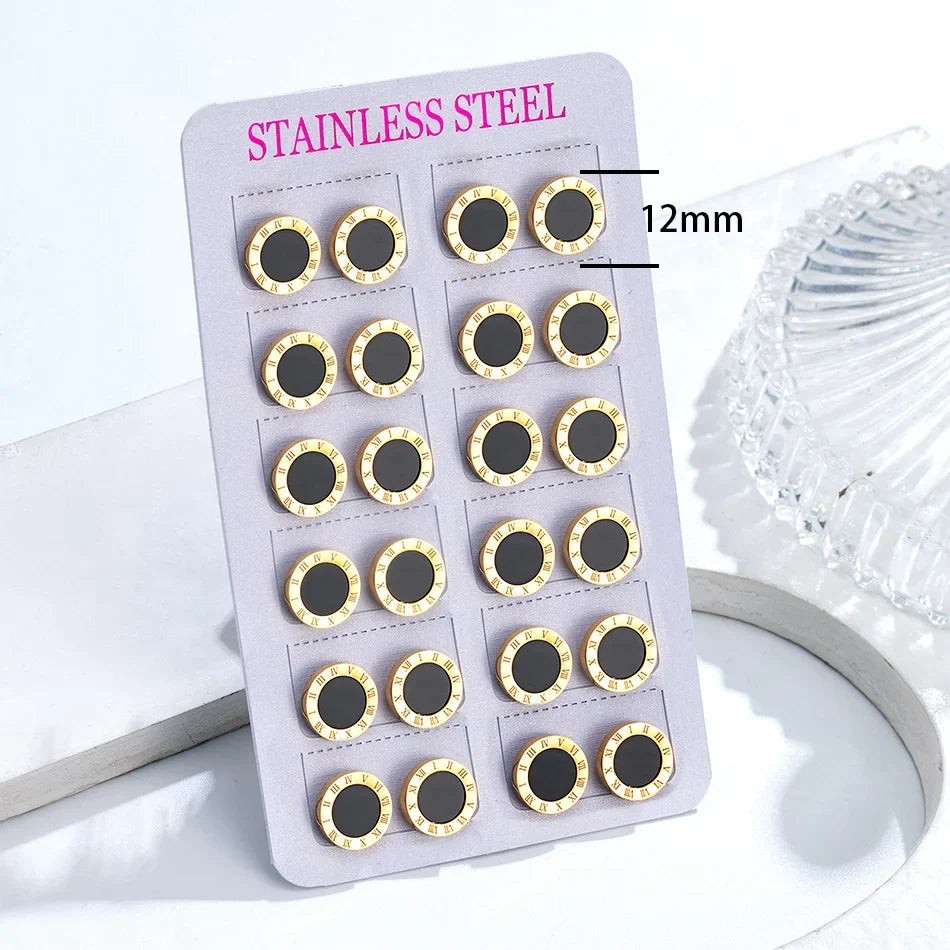 12 Pairs Pack Stainless Steel Round Shape Cubic Zircon Roman Numeral