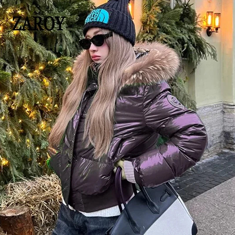 Russian Winter Warm Faux Fur Hooded Quilted Puffer Jacket Women Y2K Retro Padded Short Coat Casual Parka Glossy Outerwear куртка