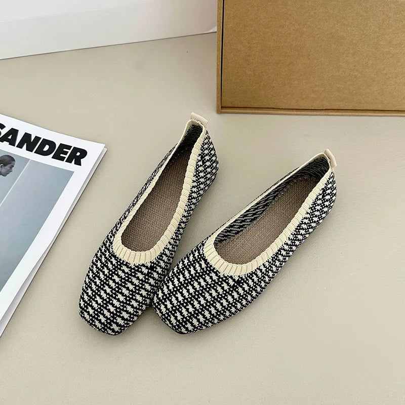 Leopard Color Square Toe Knitted Loafers Women Leisure Flat Shoes Soft Bottom Shallow Ballet Flats Casual Slip on Boat Shoes