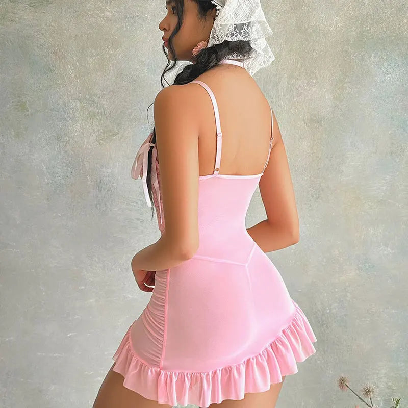 Summer Women's Nightgown Sexy Lace Thin Homewear Halter Exquisite Sleepwear Erotic V-Neck Bra Panty Set Hot New Pajamas Sets