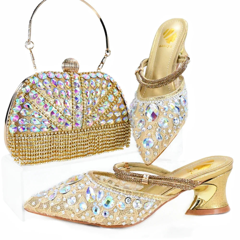 Doershow High Quality African Style Ladies Shoes And Bags Set Latest gold Italian Shoes And Bag Set For Party  1-10