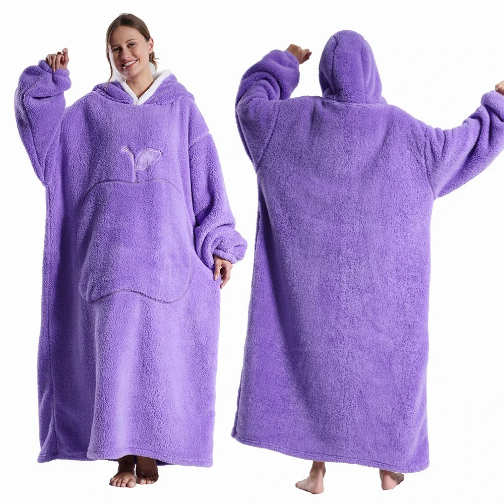Women Plush Fleece Blanket Men Warm Thick Hoodies Adult Giant TV Blanlets with Sleeves Super Long Cold-proof Homewear Pajamas