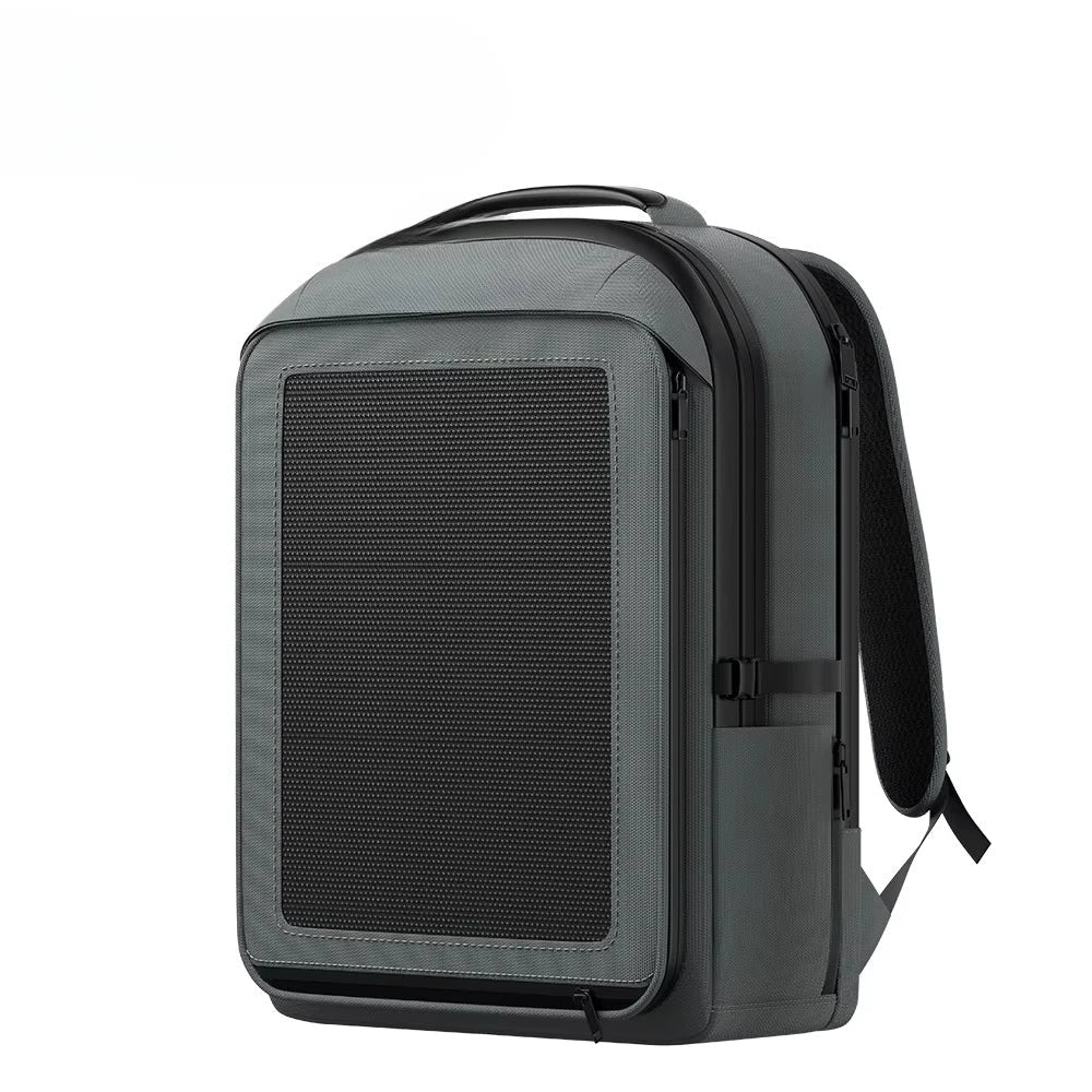 Custom waterproof solar backpack with 30W solar panel, capacity 20-35L, USB-A+C output, suitable for hiking, camping, traveling