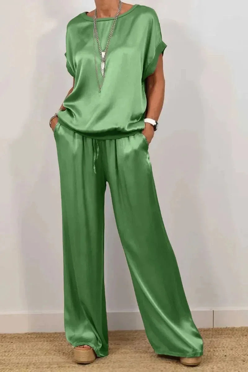 Women's Satin Pants 2 Piece Set Summer Breathe Loose Short Sleeve Top Wide Leg Pants Casual Outfit Office Lady Elagant Set