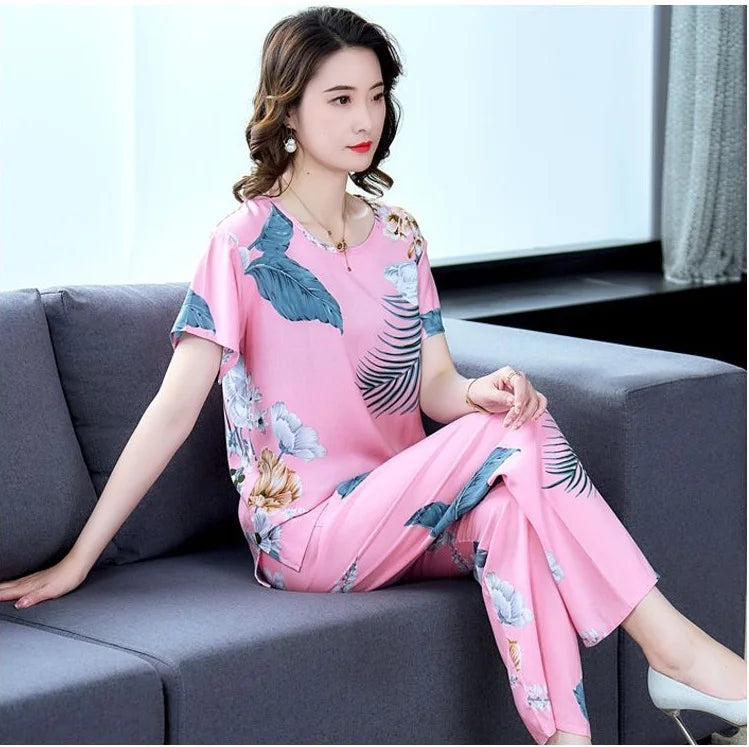 Women Summer Sets NEW Middle Aged Elderly Mother Cotton Silk Suit Casual Print Short Sleeve Top + Pants 2 Piece Set Femme Outfit