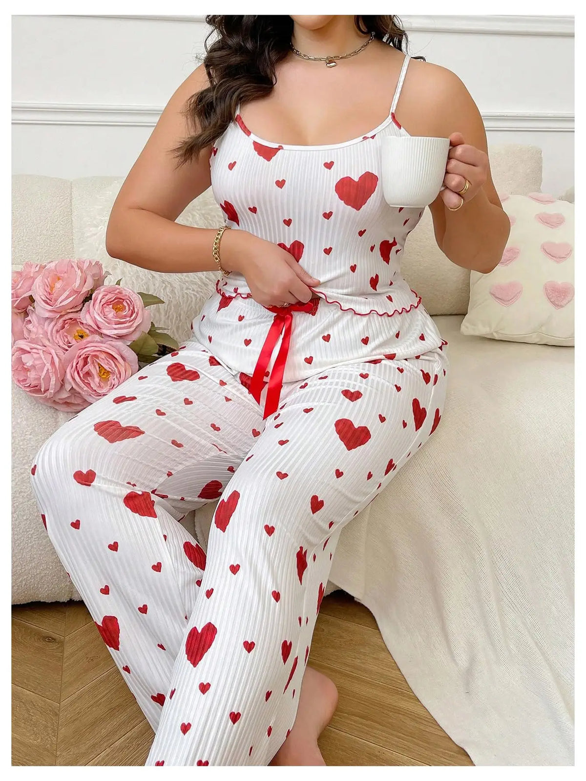 Plus Size Women Pajamas Set 2 Piece Sleeveless Vest and Trousers White Soft Breathable Sleepwear Casual Red Heart Print