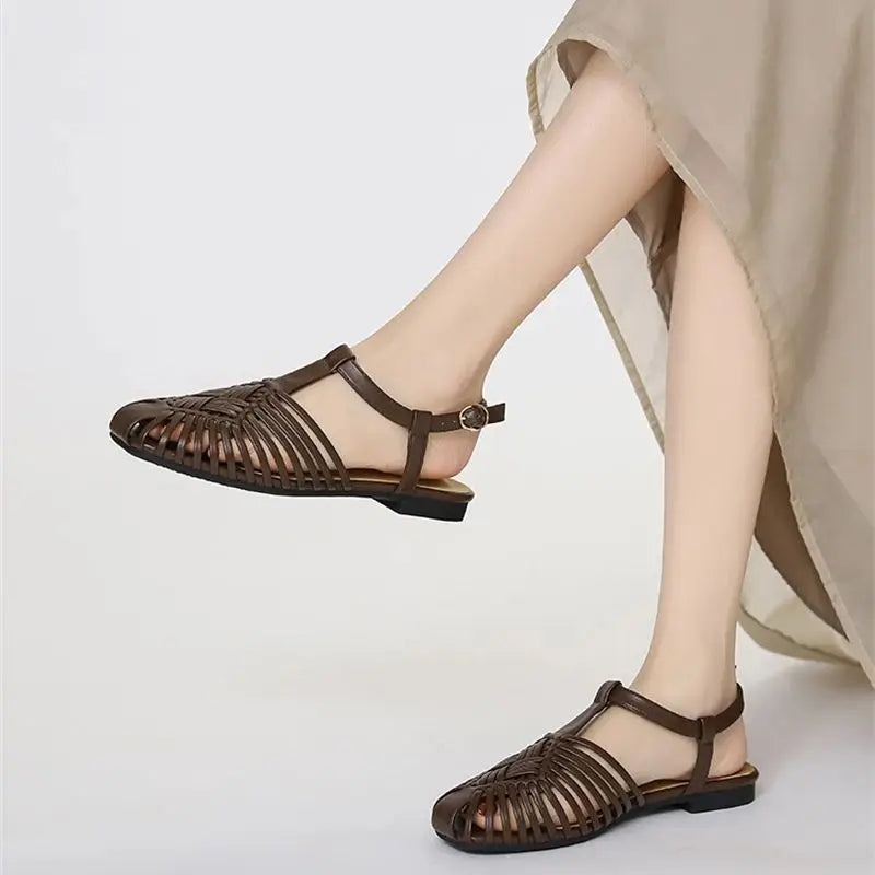 ZAROY Summer Women Gladiator Sandals Flat Ankle Strap Narrow Band Roman Shoes Casual Beach Vacation Hollow Out Big Size Sandalia
