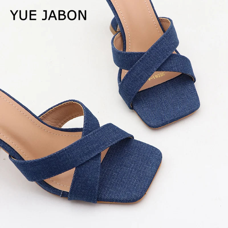 Blue Women's Shoes 2026 Fashion Summer Women's Slippers Square Toe Solid Color Denim Slip On Chunky Heels Casual Shoes Women