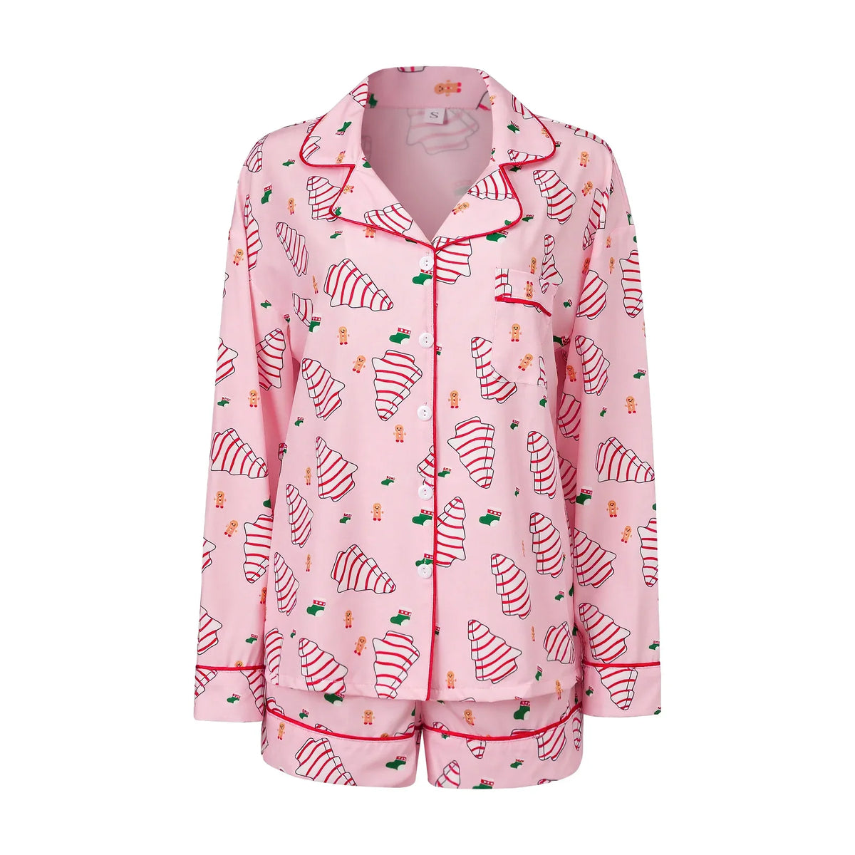 Women's Christmas Two Pieces Pajama Set Long Sleeve Lapel Santa Claus/Christmas Tree Print Shirt Shorts Loose Sleepwear