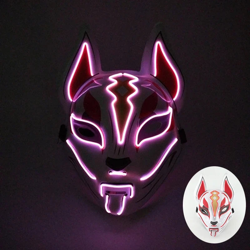 LED Fox Mask Neon Light Up Japanese Kitsune Mask for Halloween Cosplay Party Rave Festival Costume Glowing EL Wire Masque