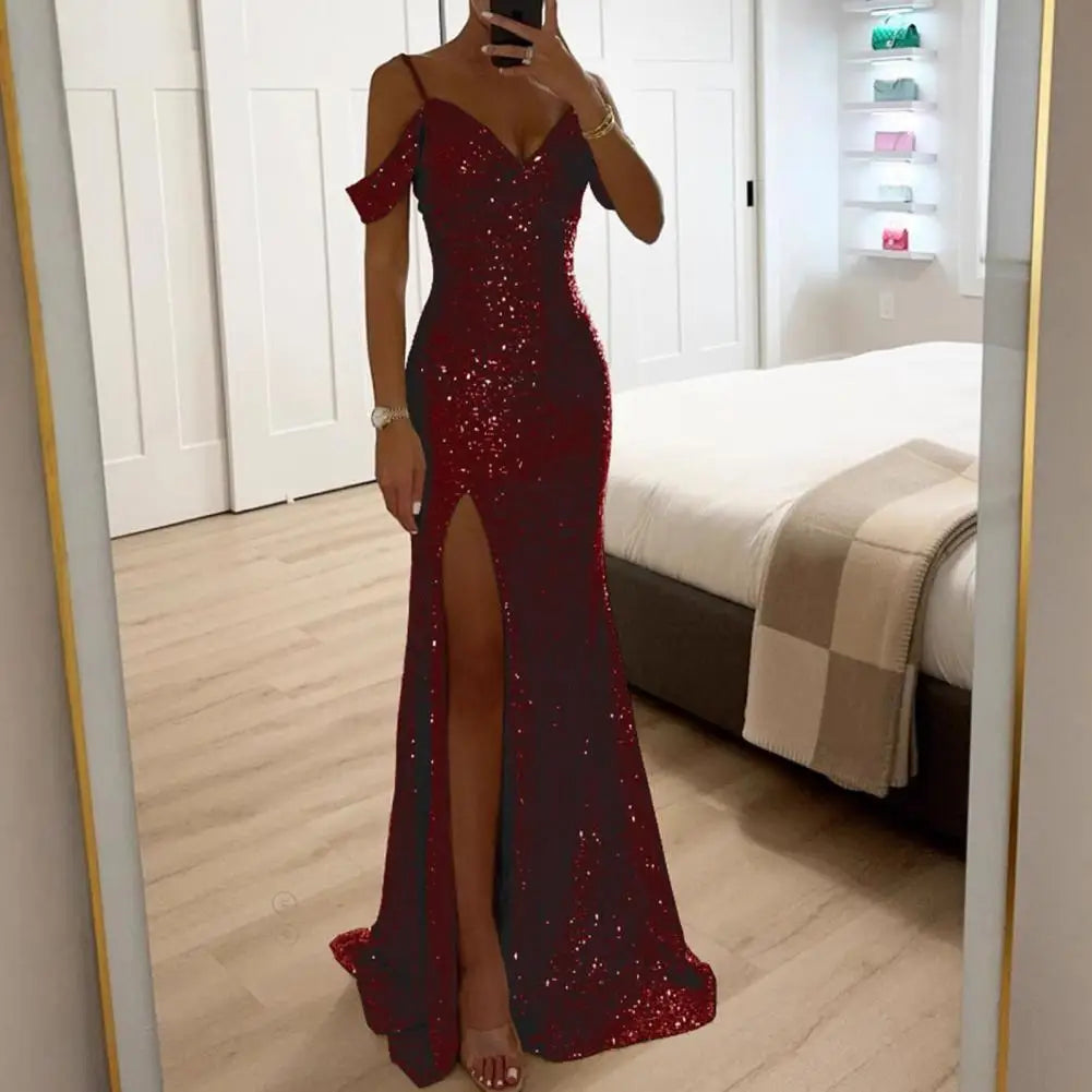 Vestido de mujer con lentejuelas, tirantes, sexy, brillante, lentejuelas, hombros descubiertos, cuello en V, abertura lateral, vestido de fiesta, vestido de fiesta de boda, vestido largo