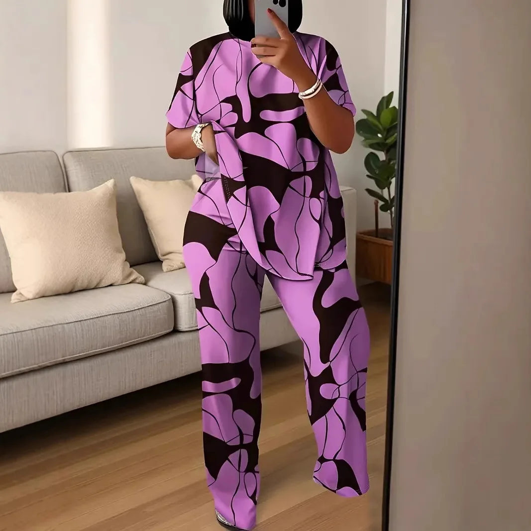 Conjuntos Femininos Summer Short-sleeved Fashion Print Suit Women's Round Neck Large Size T-shirt Wide-leg Trousers 2 Piece Suit