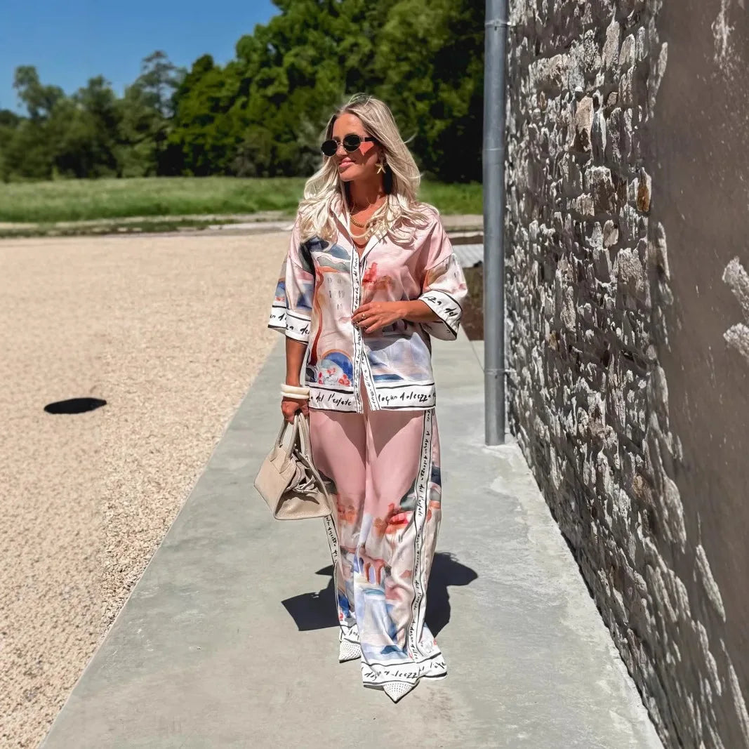 Autumn New Half-sleeved Printed Shirt Trousers For Women 2-piece Set Loose Simple Casual Elegant Female Streetwear Trousers Suit