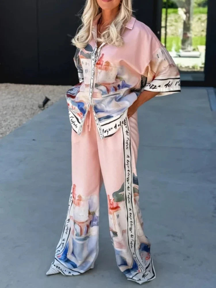 2 Pieces Set for Woman Summer New Elegant Printed Half Sleeves Shirt Tops Suits Fashionable Casual Loose Wide Leg Pants Sets