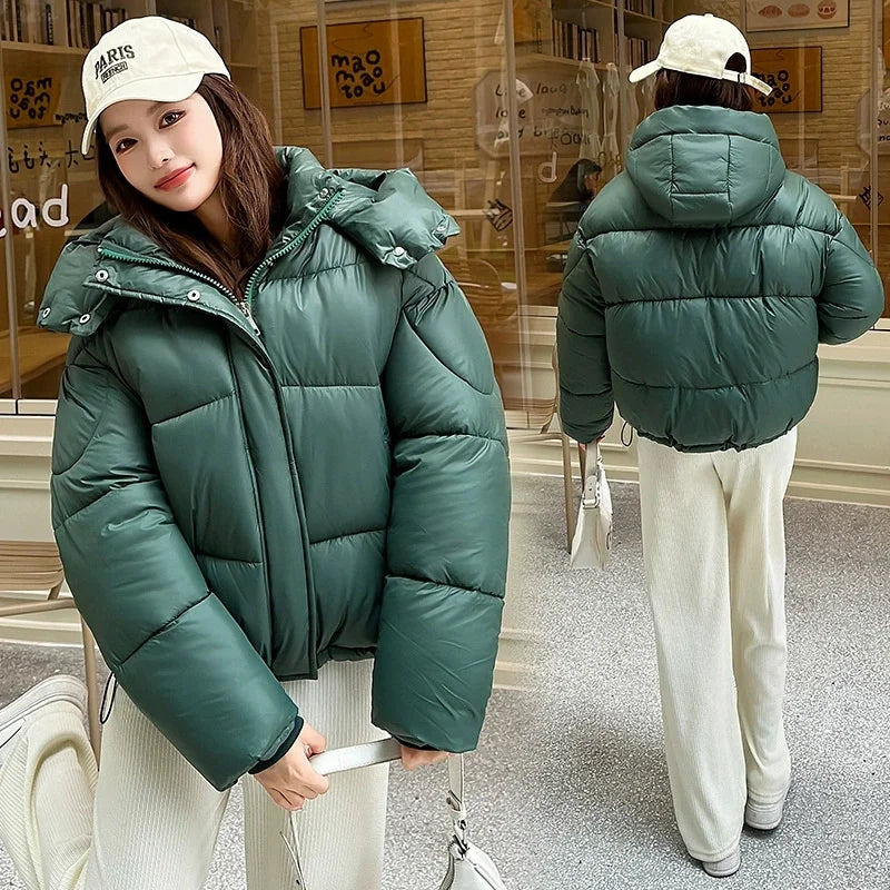 2026 Winter Women Thicke Cotton Coat Loose Hooded Puffer Jacket New Cropped Down Cotton Padded Coat  Female Parkas Outwear