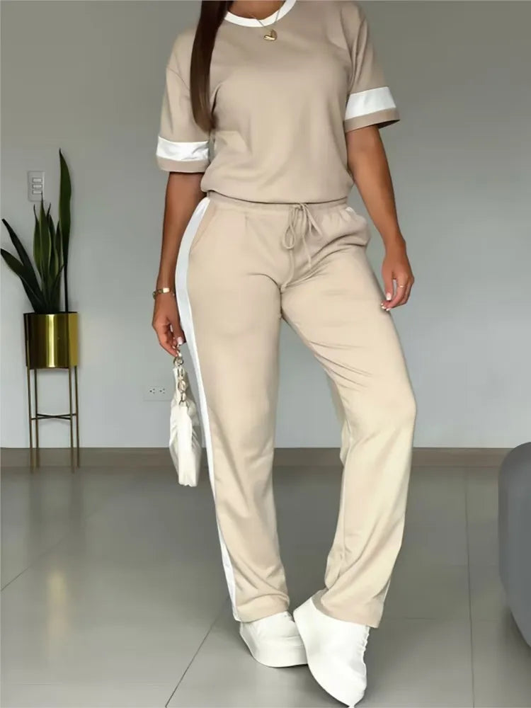 Spring Summer New Casual Sports T-shirt Short-sleeved Suit Women Fashion Splicing Side Stripes Simple Trousers 2 Piece Set 2026