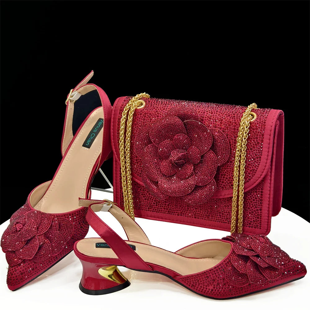 Conjuntos italianos de zapatos y bolsos con pedrería dorada HDF1-3
