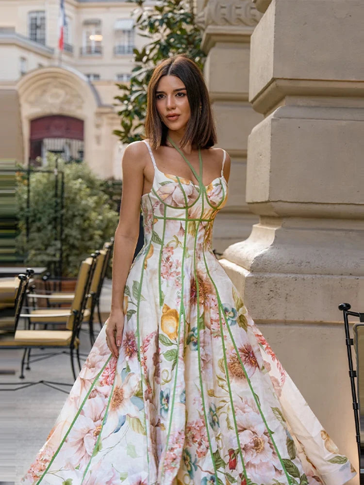 Floral Print Halter Neck Corset Waist Maxi Dress Sleeveless Flared Hem A Line Dresses 2026 Fashion Elegant Vacation Party Gown